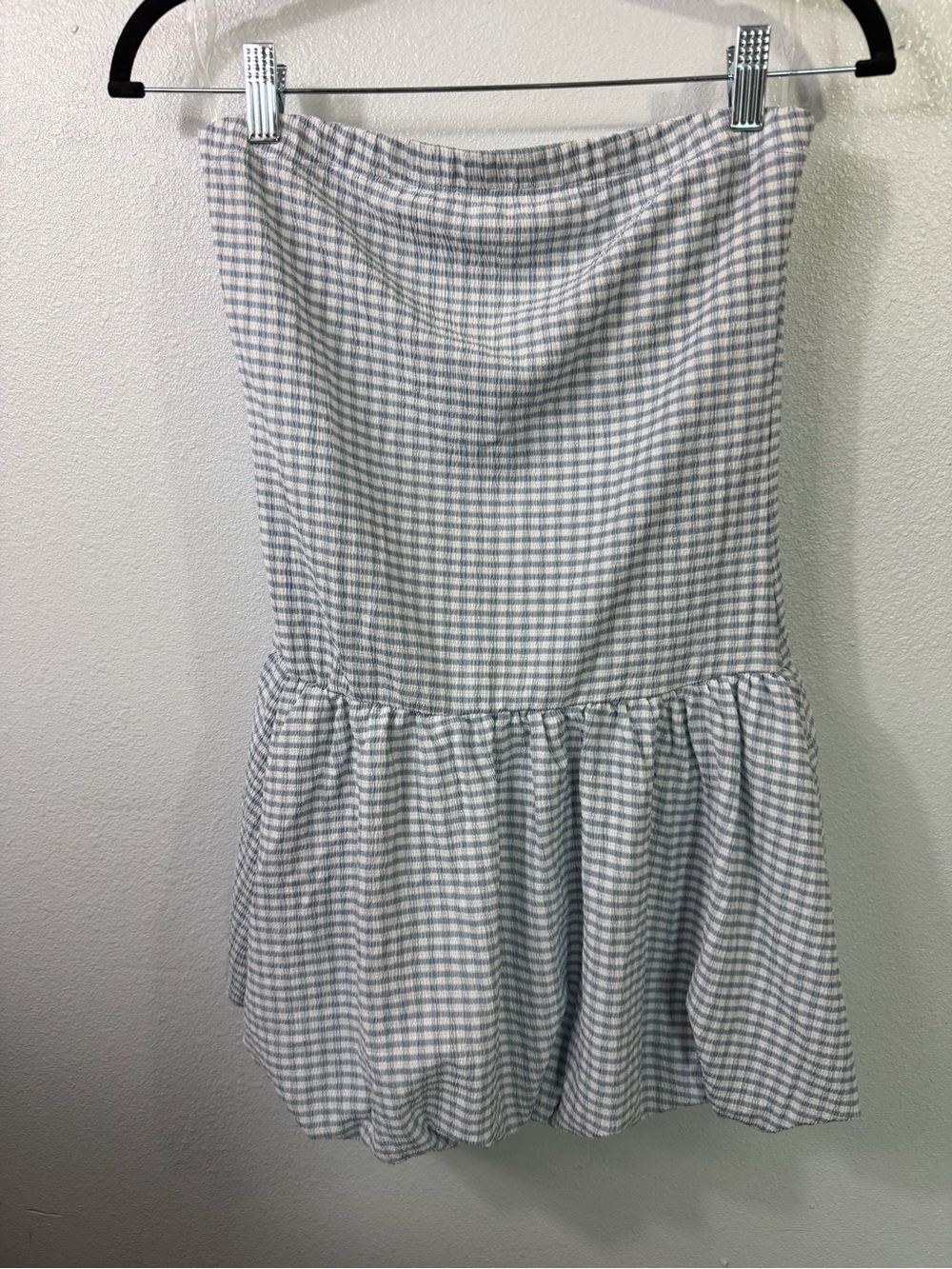 Light Blue Gingham Mini Dress with Gathered Skirt